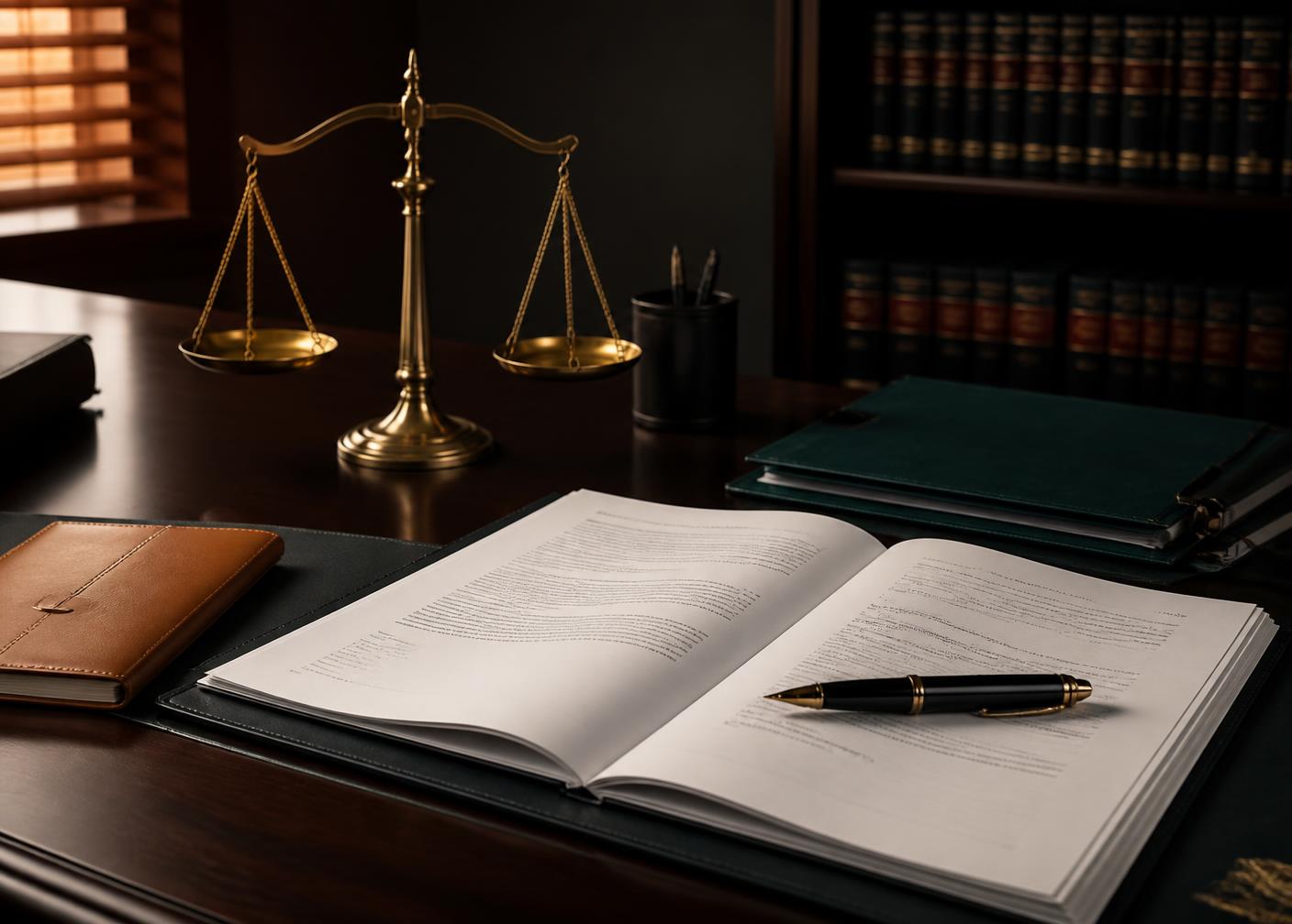 Mesa de trabalho jurídico com contrato e balança